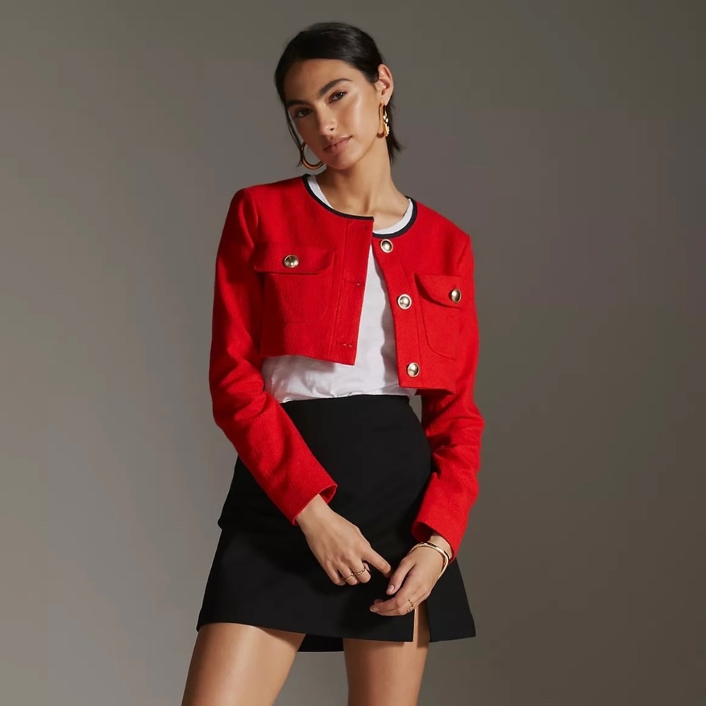Anthropologie Red Maeve Cropped Shrunken Tweed Jacket Blazer - Picture 1 of 16